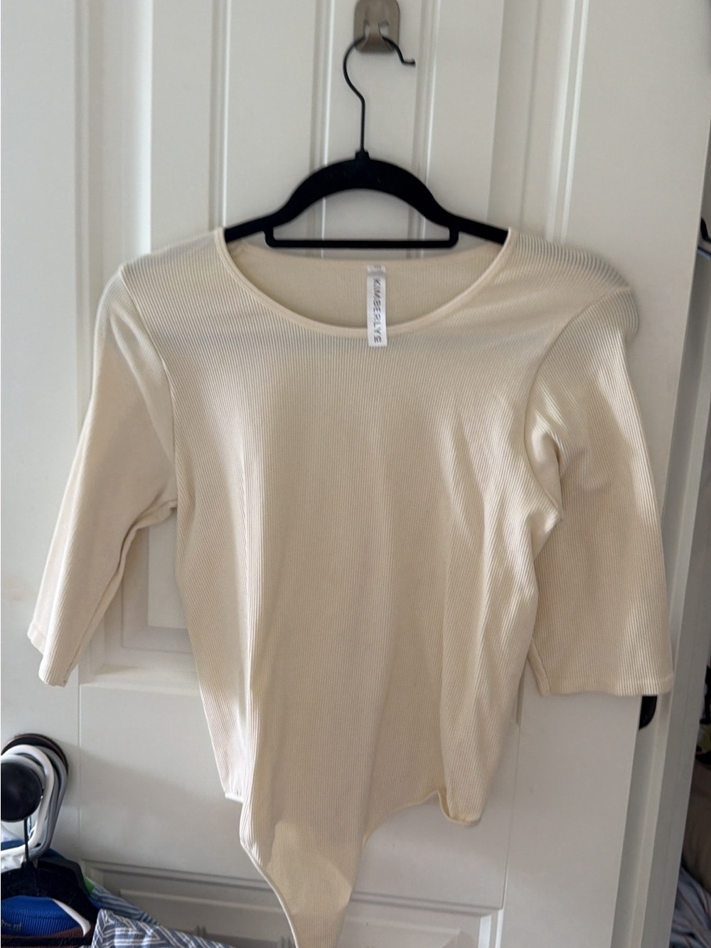 Cream Ribbed Women's Bodysuit Top - Minimal Crew Neck
